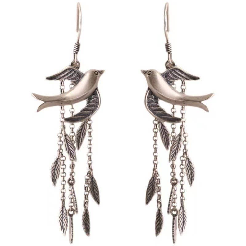 Willow Leaf Swallow Tassel Long Earrings: Silver