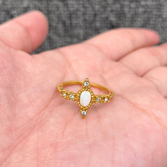 Inlaid CZ & Opal 18K Gold Plated Stainless Steel Ring-FGS/CS: 7