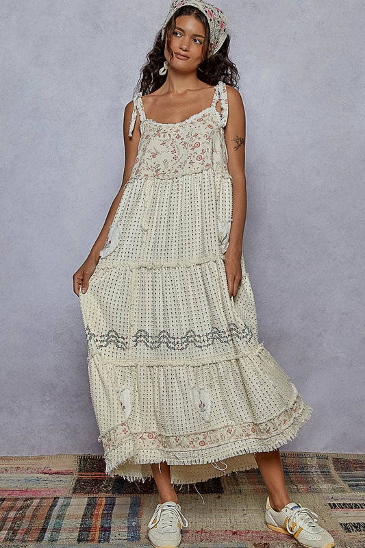 Sleeveless ruffle strap textured woven denim maxi dress