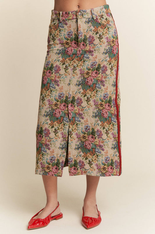 Vintage Floral Front Slit Midi Skirt