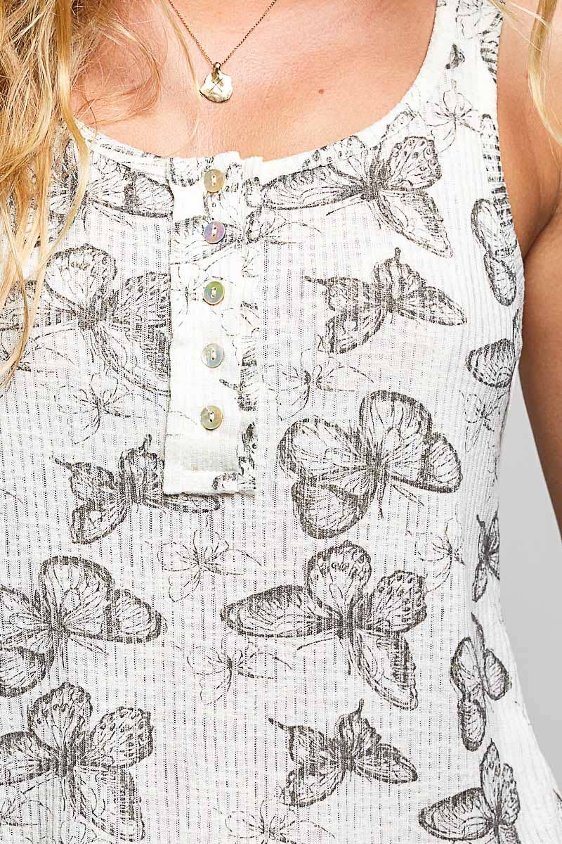 Vintage Washing Butterfly Print Slim Fit Knit Sleeveless Top