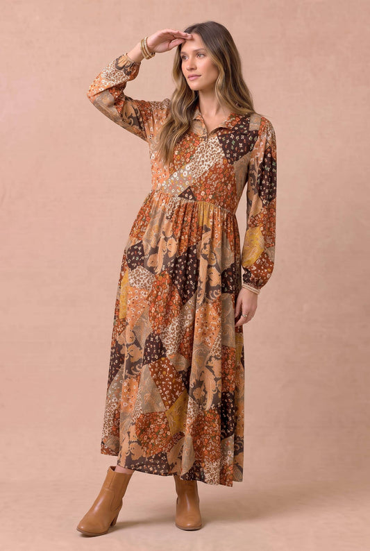 Floral and Geometric Patchwork Maxi Dress