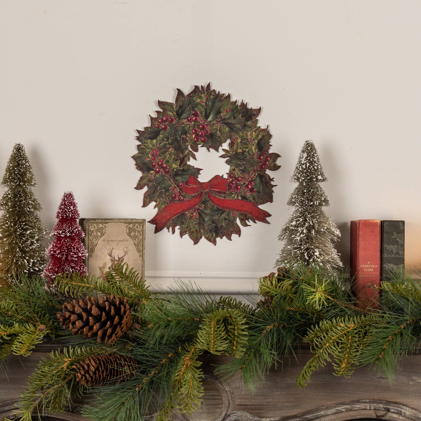 WREATH W/ RED BOW METAL WALL PLAQUE