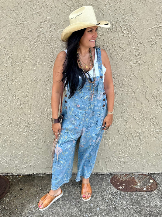 Floral denim overalls