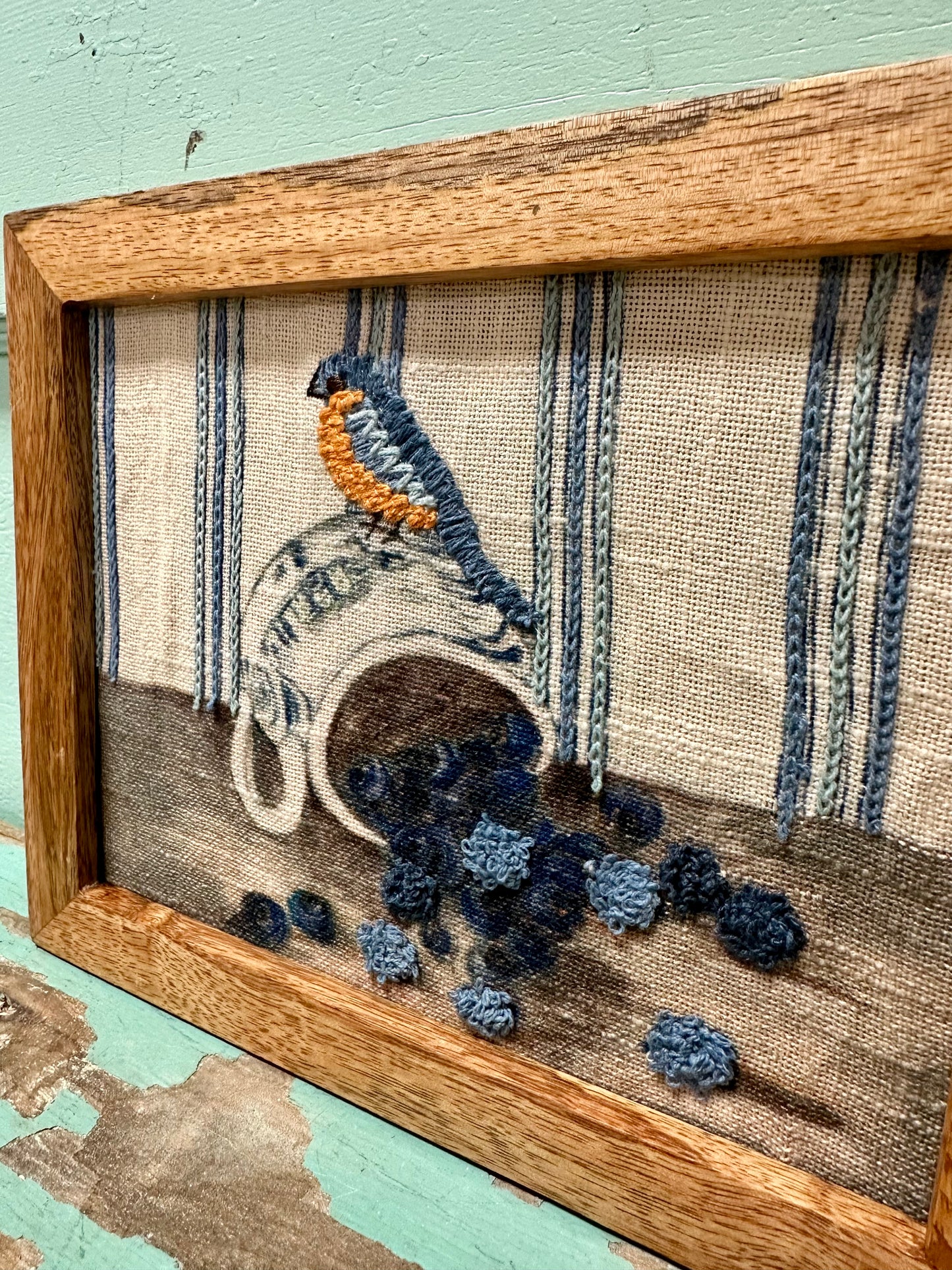 Wood Framed Cotton Embroidered Wall Decor with Bird on Dish, 4 Styles
