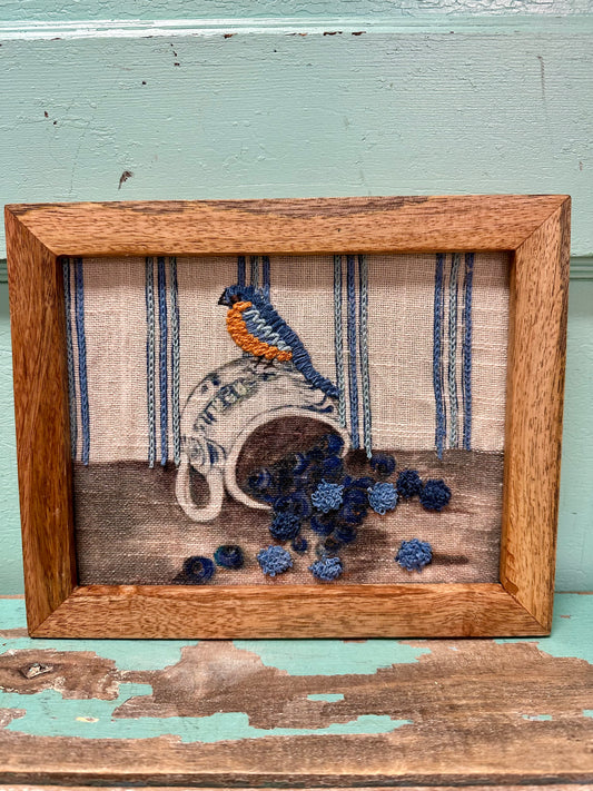 Wood Framed Cotton Embroidered Wall Decor with Bird on Dish, 4 Styles