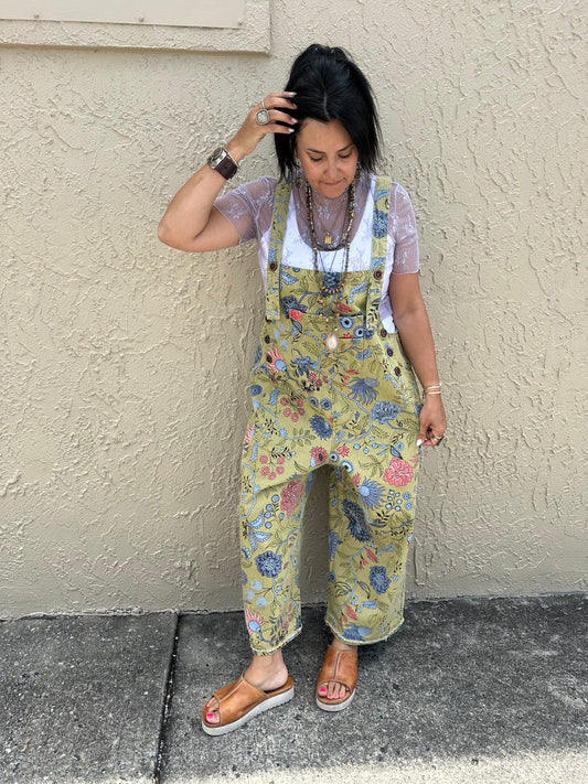 Sage floral overalls