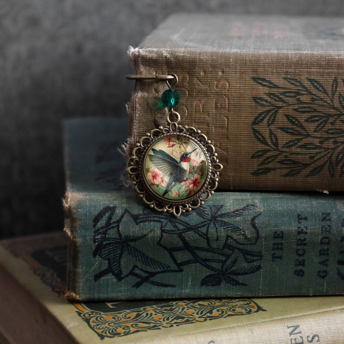Hummingbird Art Nouveau Glass Cabochon Bronze Bookmark