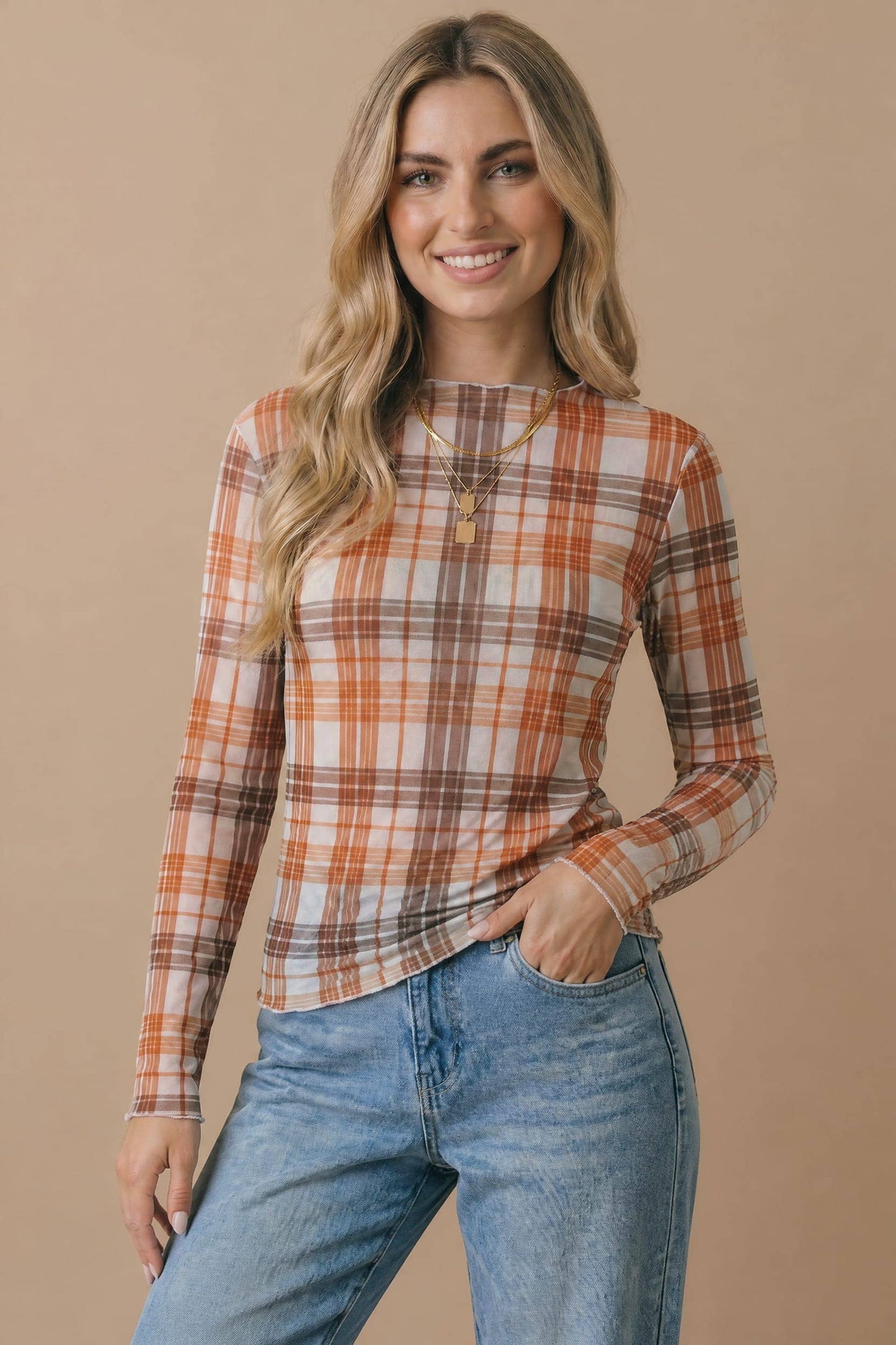 Plaid Mesh Semi-Sheer Top