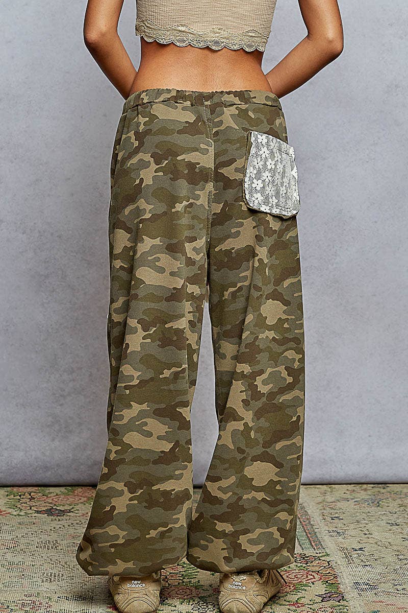 French terry various lace patches printed woven pants