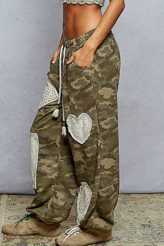 French terry various lace patches printed woven pants