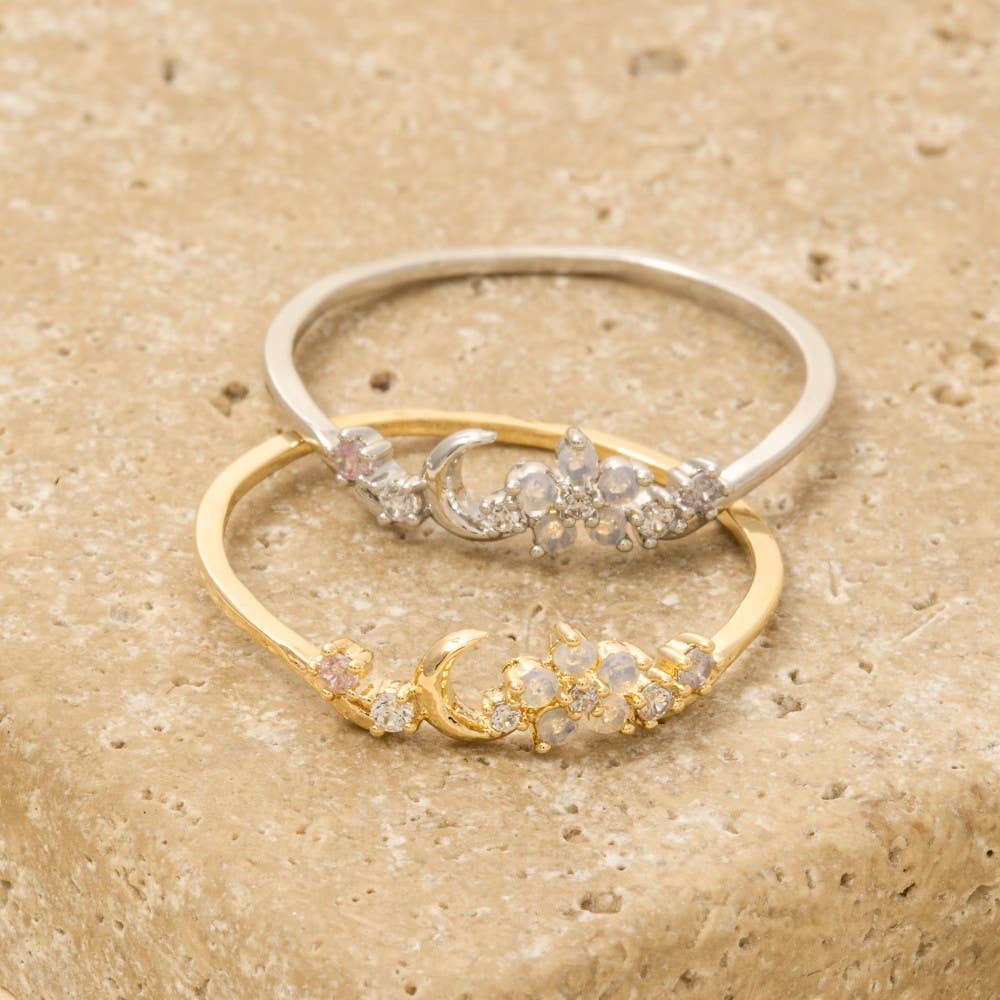 Gold Dipped Cz Floral Moon Ring: G