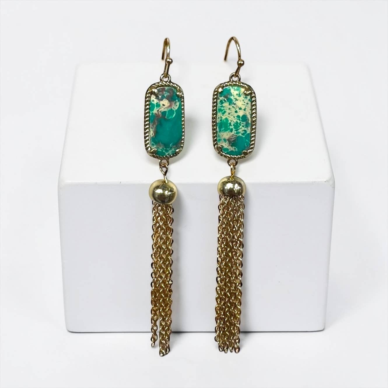 2.75” green jasper Earring with gold tassel