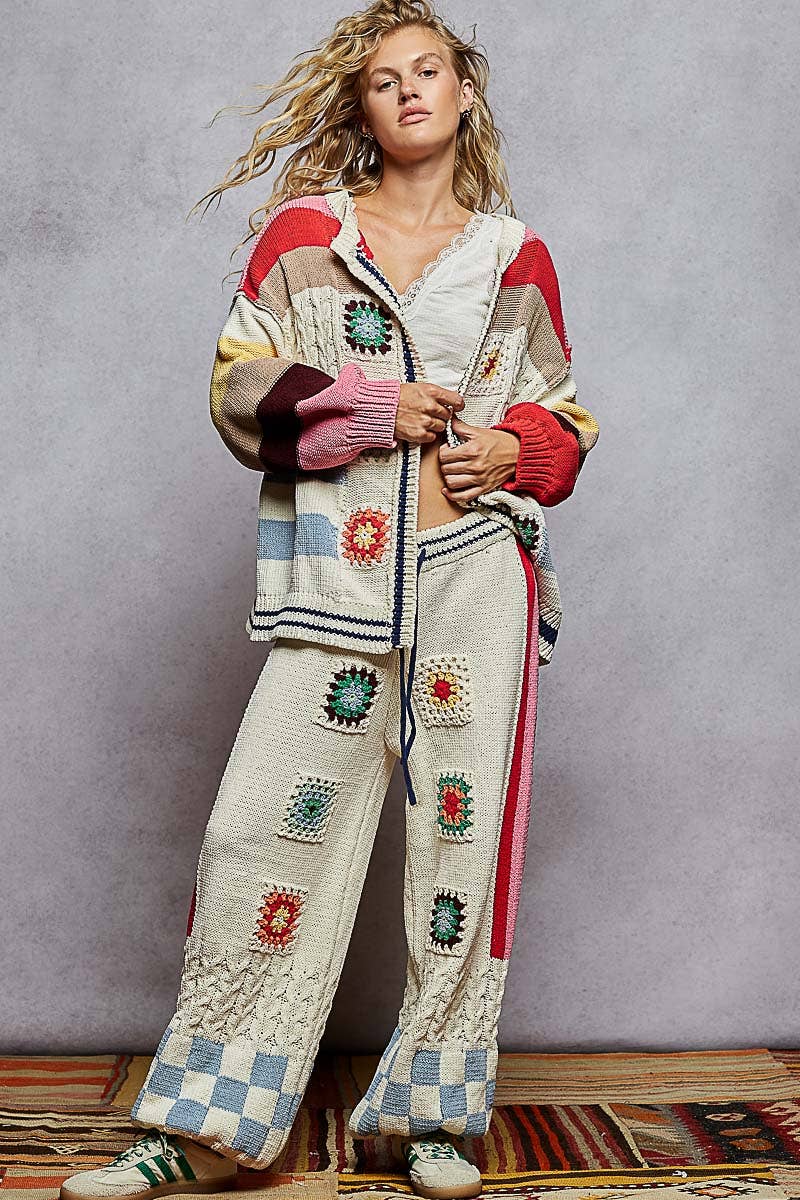 Striped checker pattern patch detail chenille sweater pants