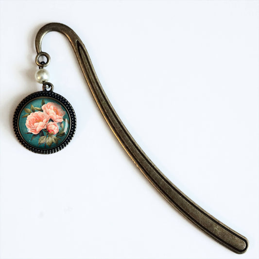 Pink Peony Bronze and Glass Cabochon Bookmark w/ Pearl Bead