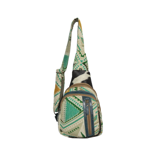 Turquoise Bohemian tapestry and cowhide Lanny sling bag