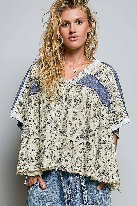 French Terry Floral Gauze Ruffle Detail Denim Short Top