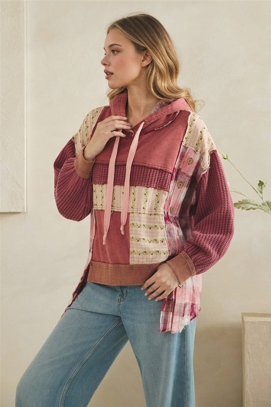 Washed Patchwork Waffle Detailed Hoodie