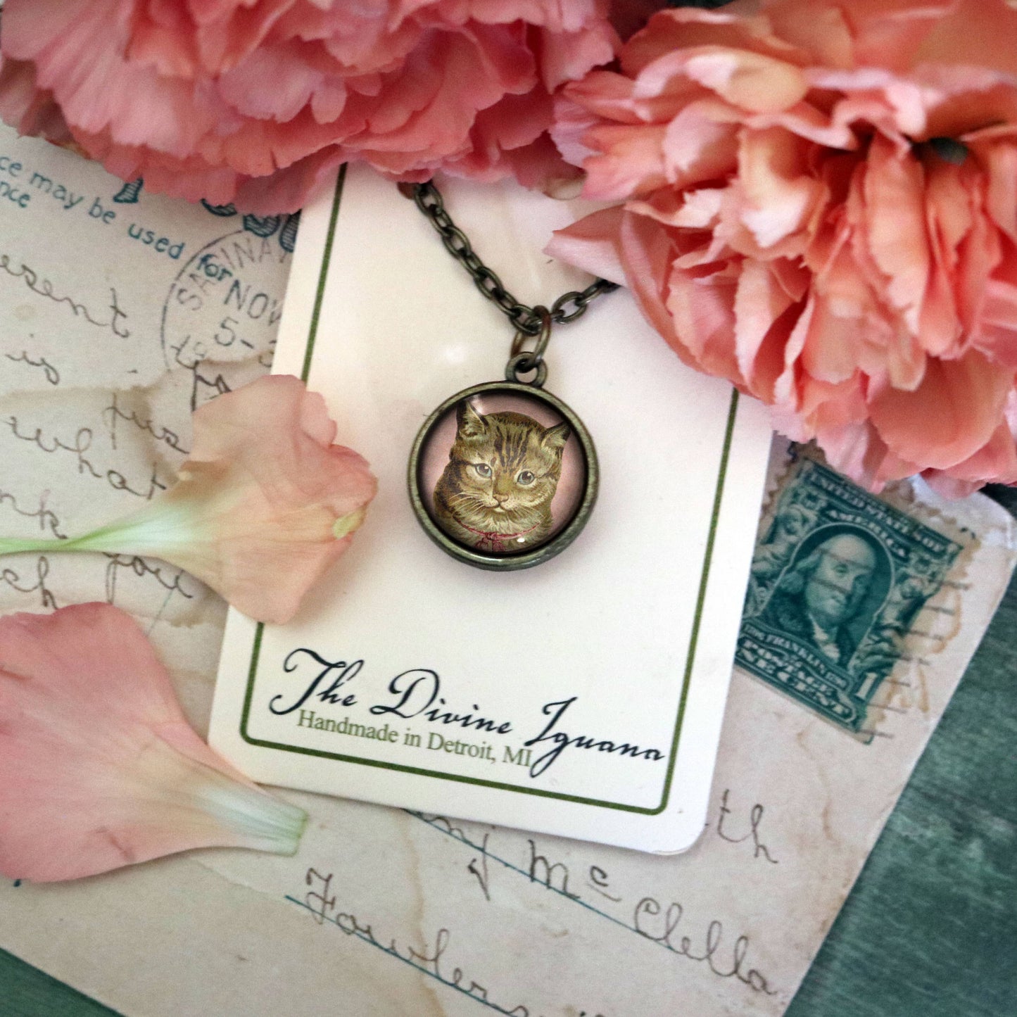 Victorian Tabby Cat Simple Reversible Pendant Necklace