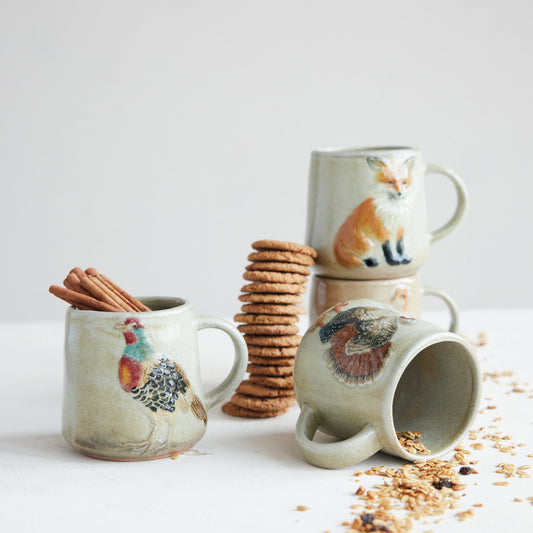 16 oz. Hand-Painted Embossed Stoneware Mug with Animal, 4 Styles