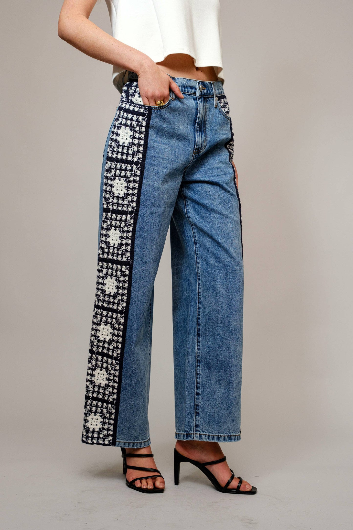 Washed Side Crochet Denim Pants