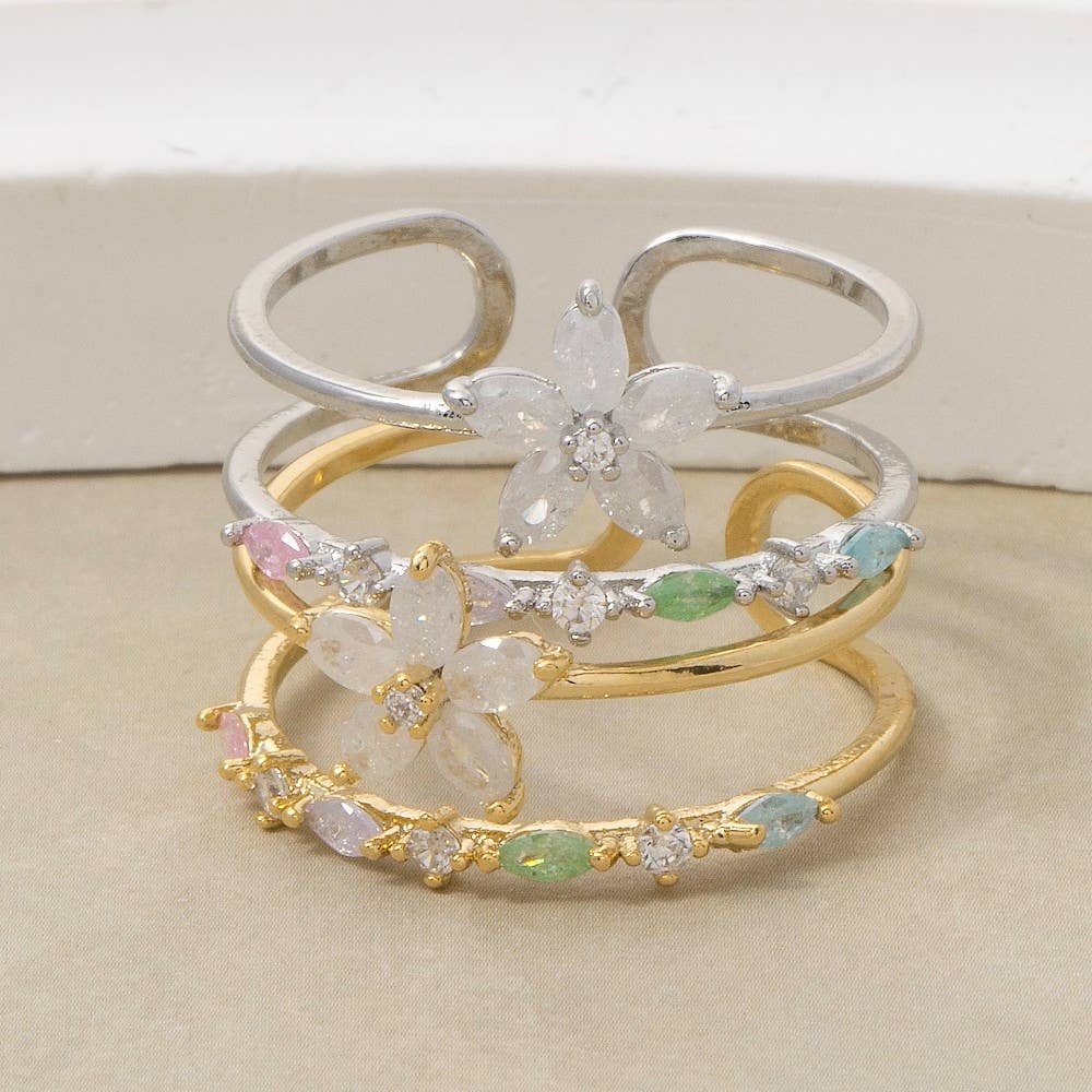 Gold Dipped Cz Flower Studded Two Row Ring: S