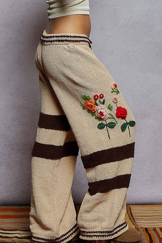 Striped pattern 3D embroidered detail chenille sweater pants