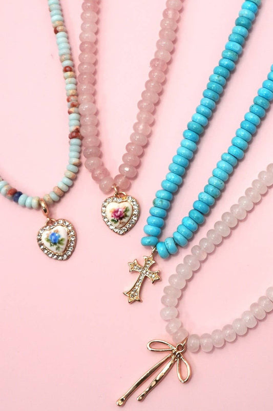 NATURAL SEMI PRECIOUS STONE BEADED CHARM NECKLACE | 80N91561: Rose Quartz