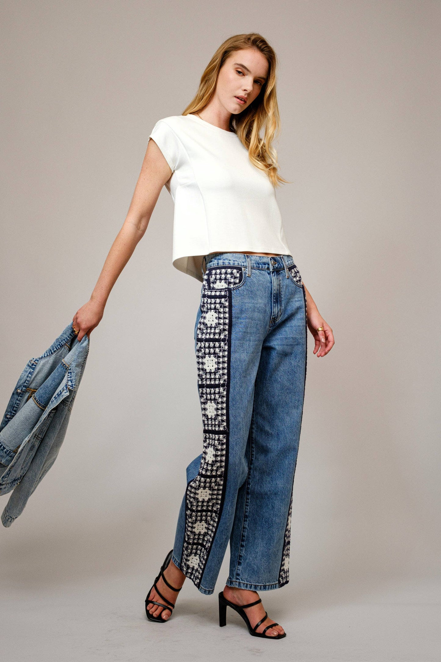 Washed Side Crochet Denim Pants