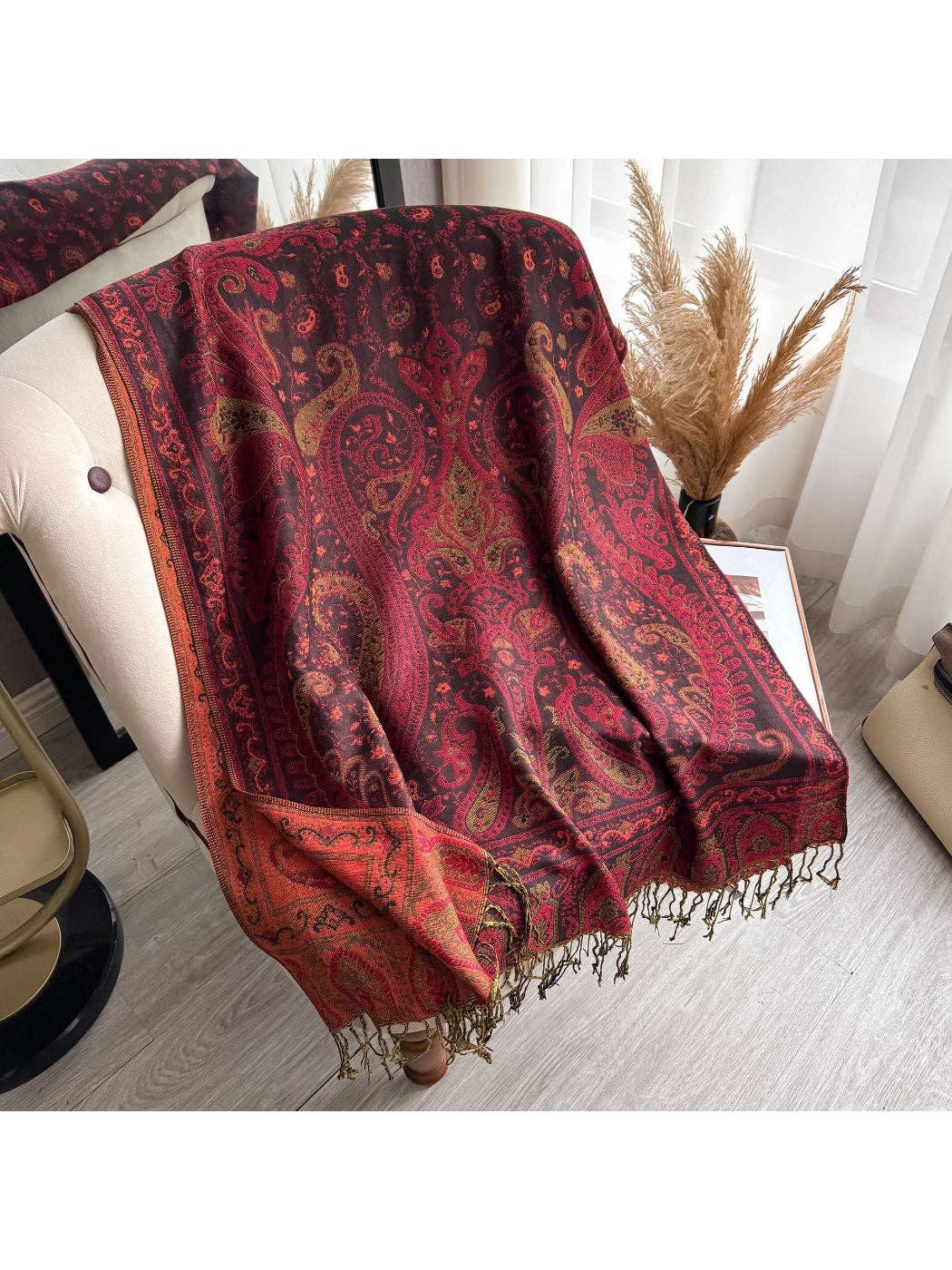 Scarvii - Elegant Paisley Border Wrap Scarf: