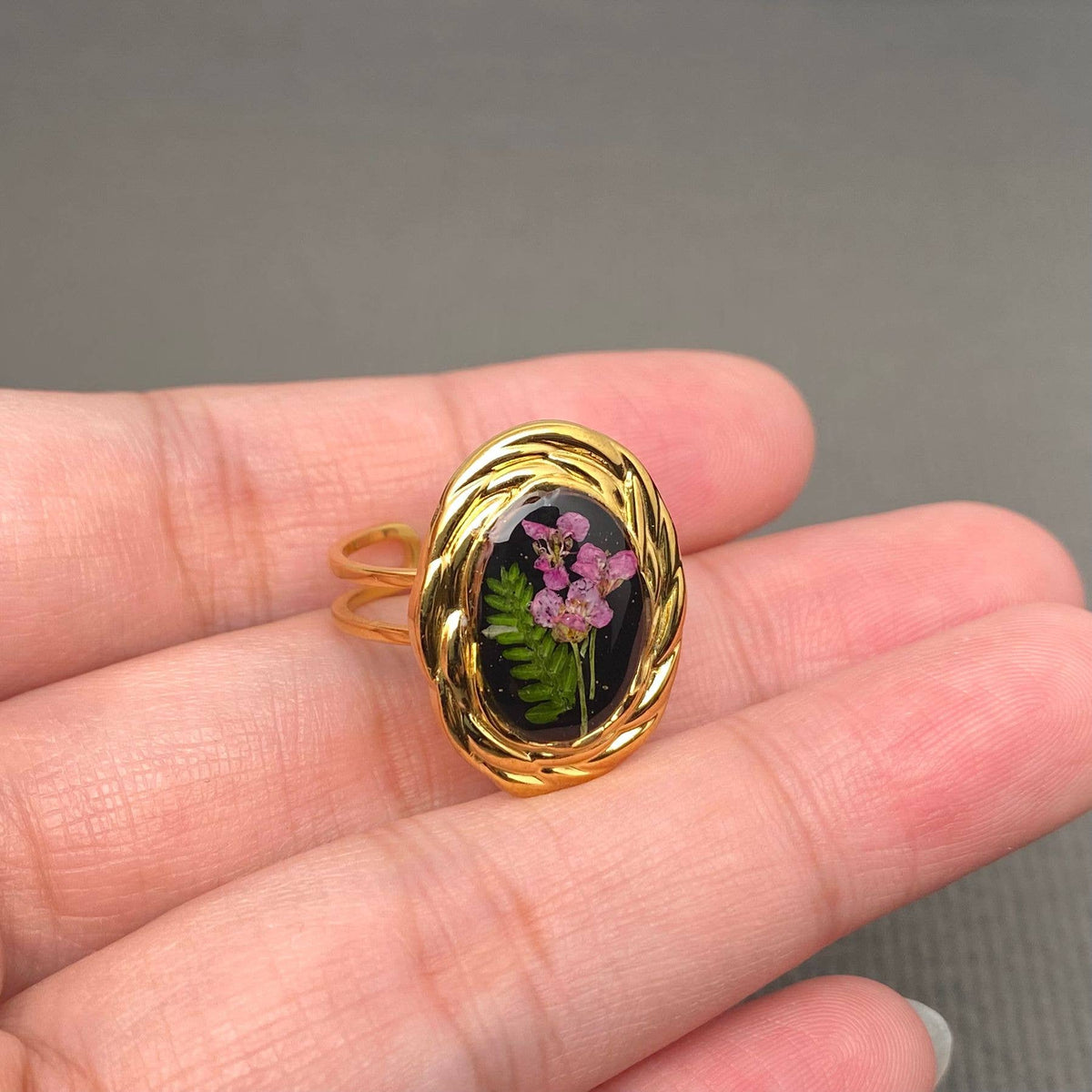 Dried flowers 18K Golden SS Adjustable Floral Rings- PDF/FGS: A