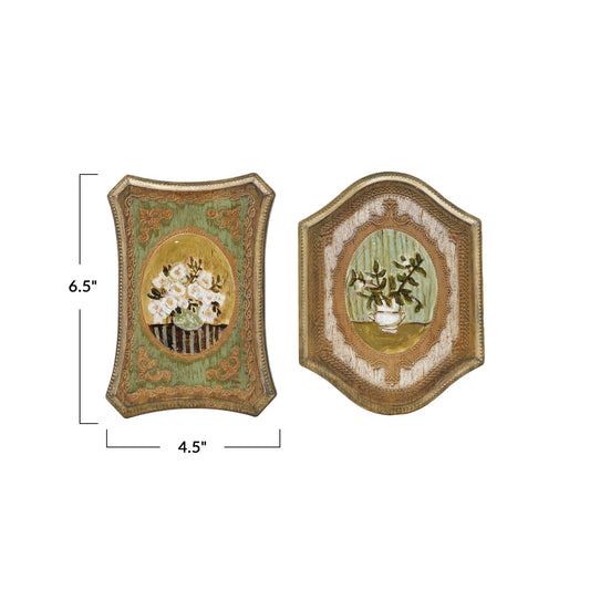Wall Décor w/ Flowers in Vase, Antique Gold Finish & Multi Color, 2 Styles