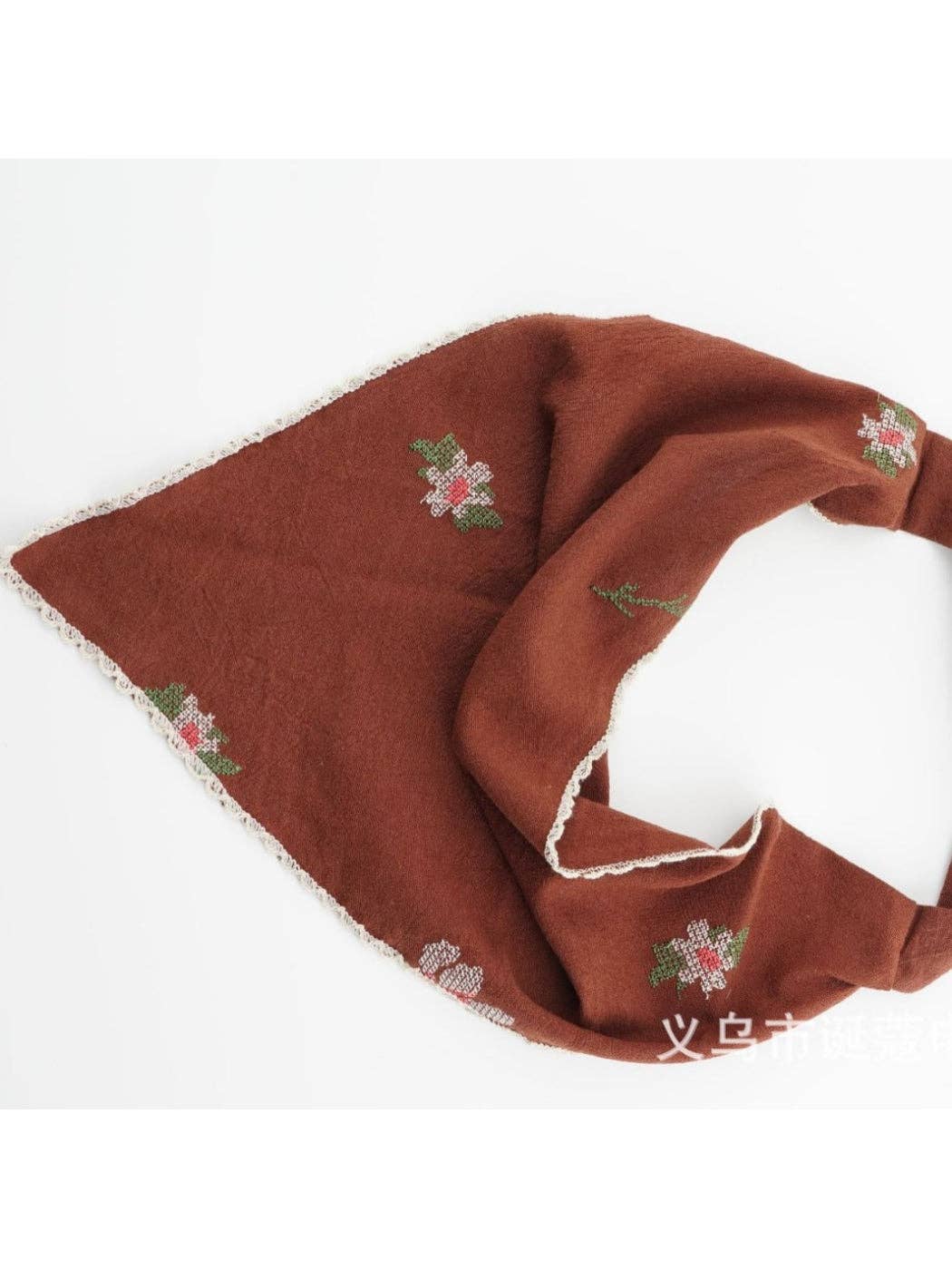 Scarvii - Brown Floral Lace Trim Headscarf