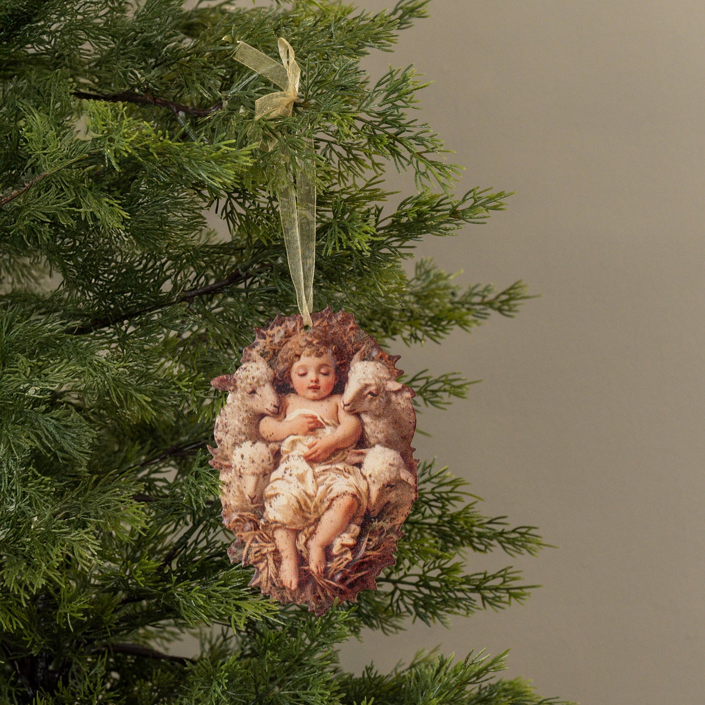 6.5" BABY JESUS W/ LAMBS METAL ORNAMENT