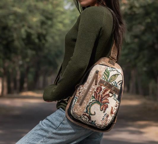 Eembish Boho Tapestry and Cowhide Sling bag