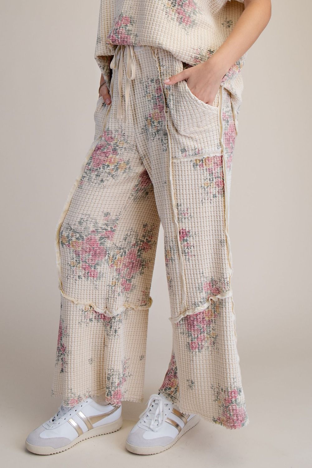 FLORAL PRINT WASHED WAFFLE PANTS