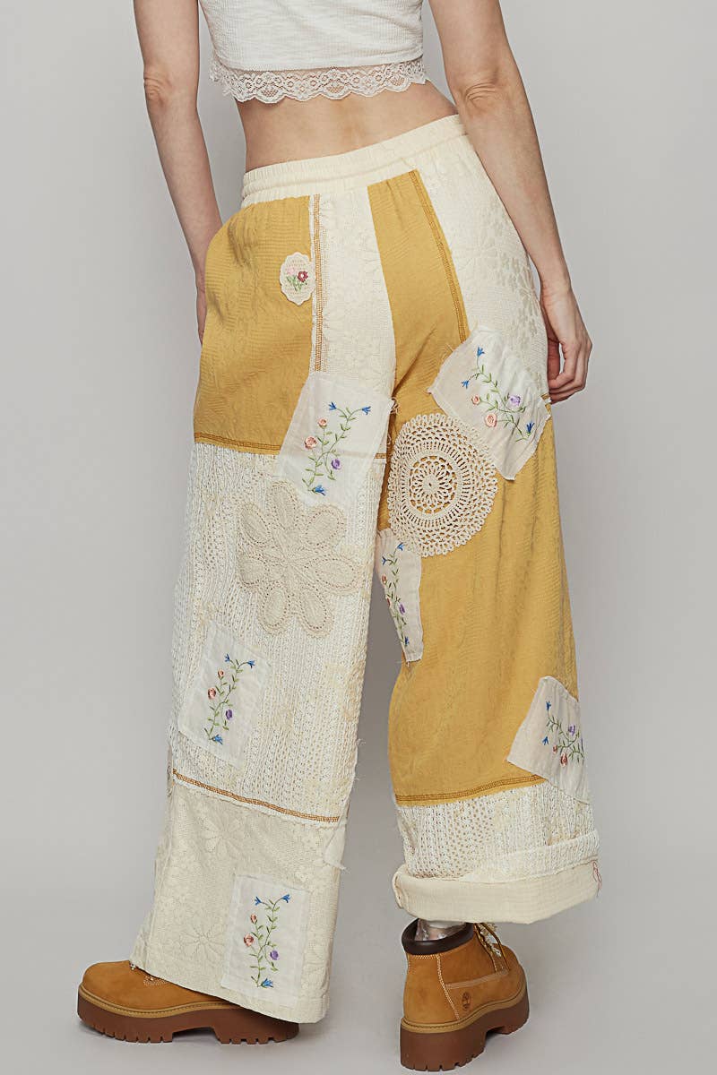Solid lace patch detail woven pants