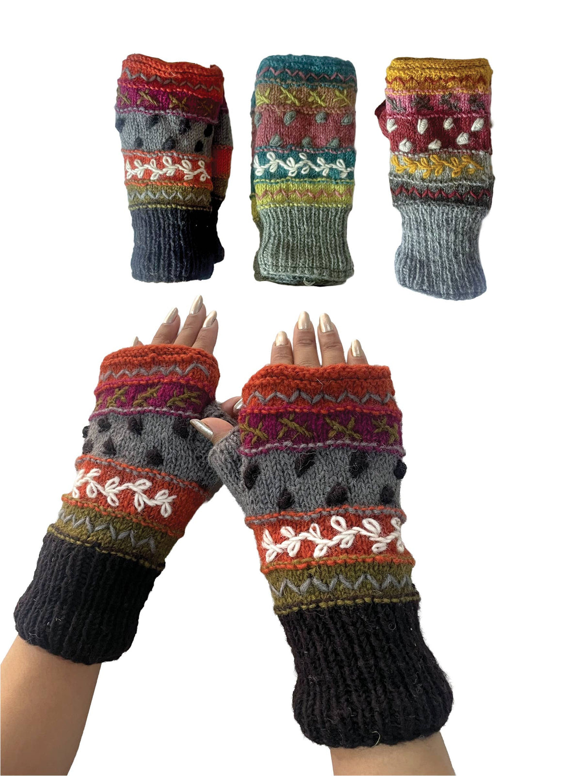 Striped Knit Fingerless Gloves Hand Embroidered Details: Assorted Colors / O/S