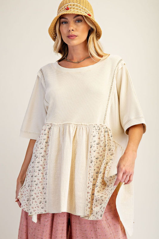 WAFFLE KNIT WASHED BABYDOLL TUNIC