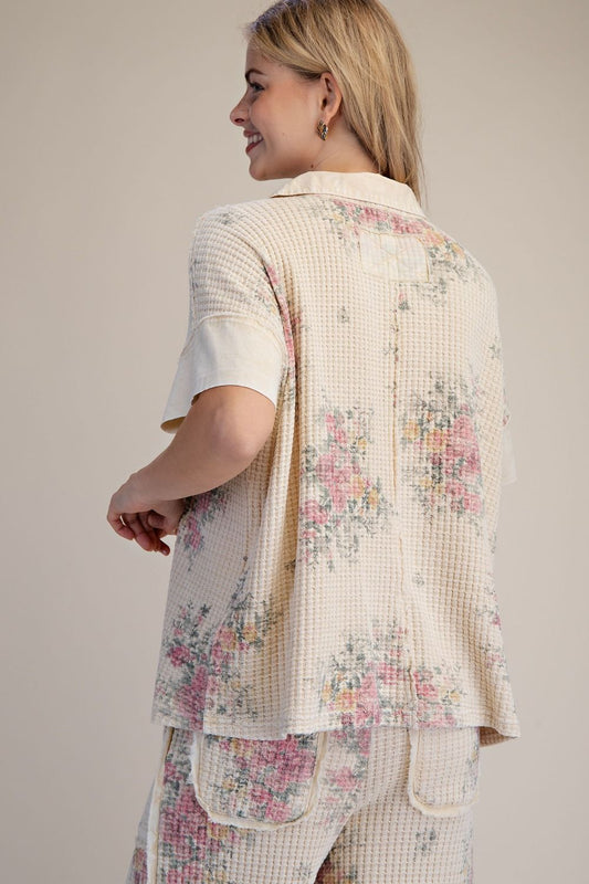 FLORAL PRINT WASHED WAFFLE TOP