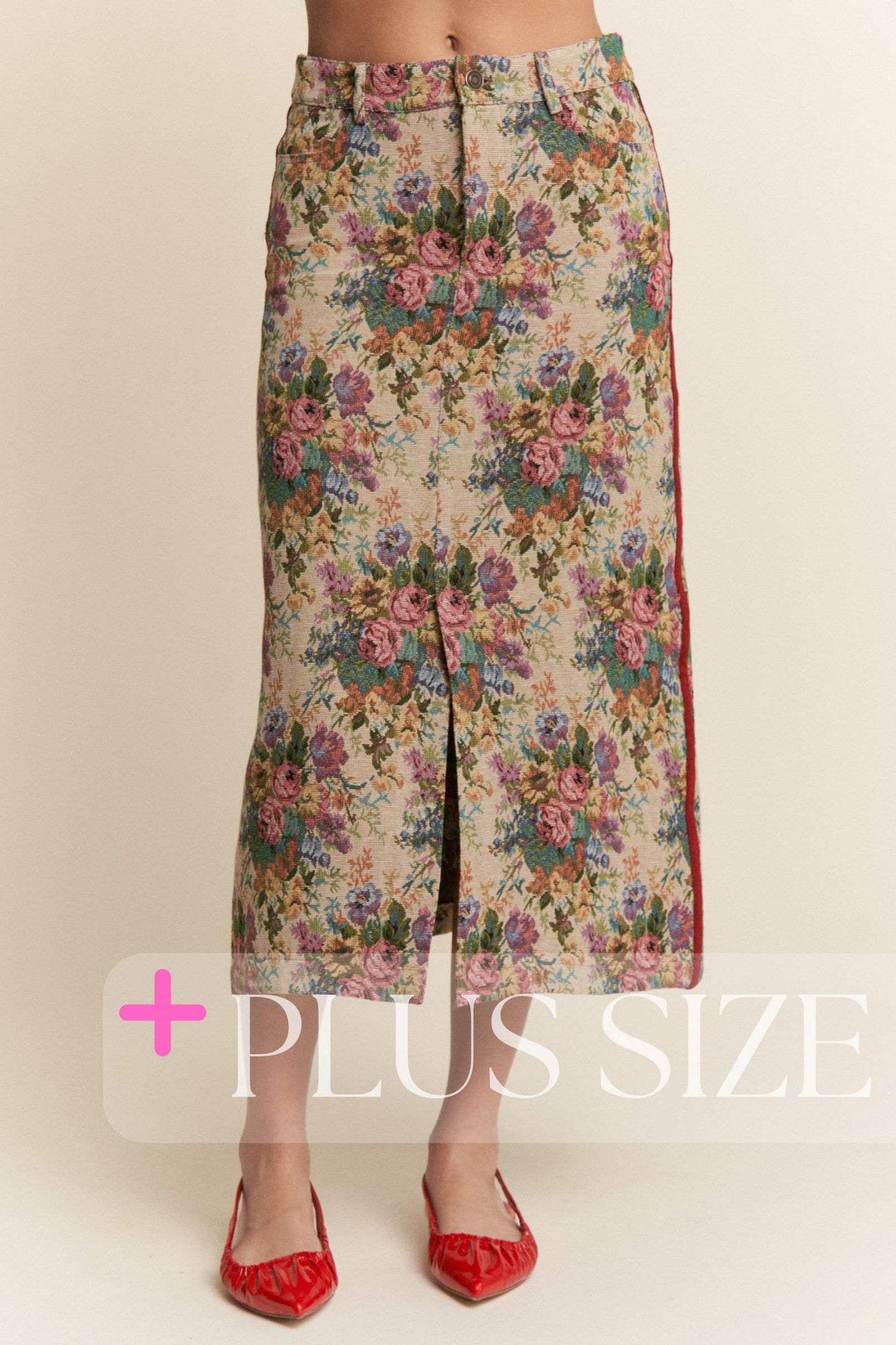 Vintage Floral Front Slit Midi Skirt