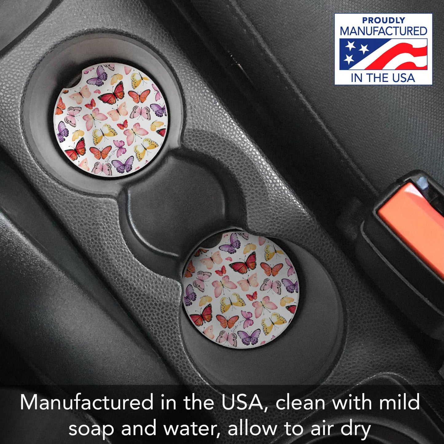 "Watercolor Butterflies" Absorbent Stone Car Coaster 1pk
