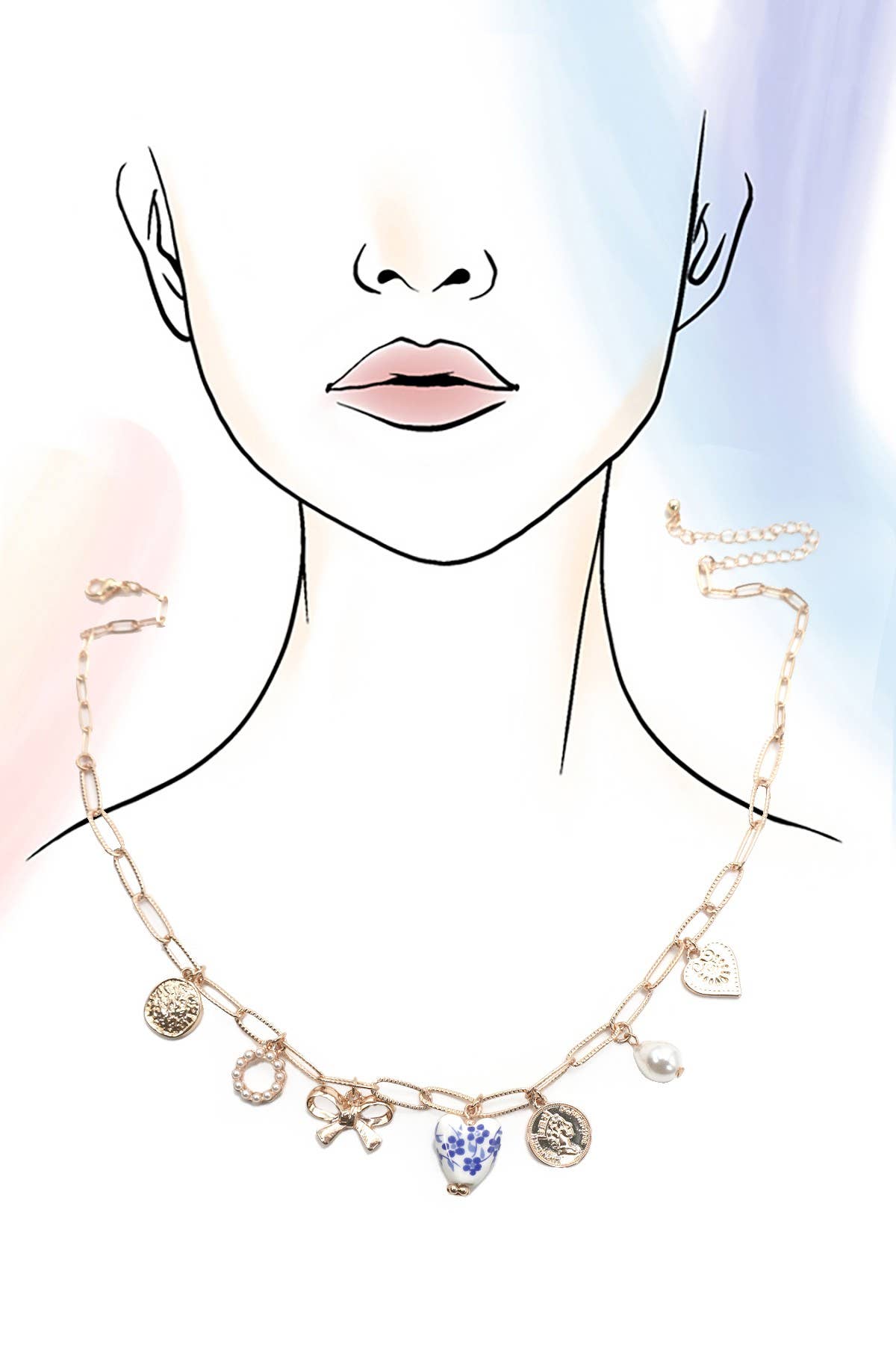 CERAMIC PORCELAIN BOW HEART CHARM LINK NECKLACE | 80N91547: Gold