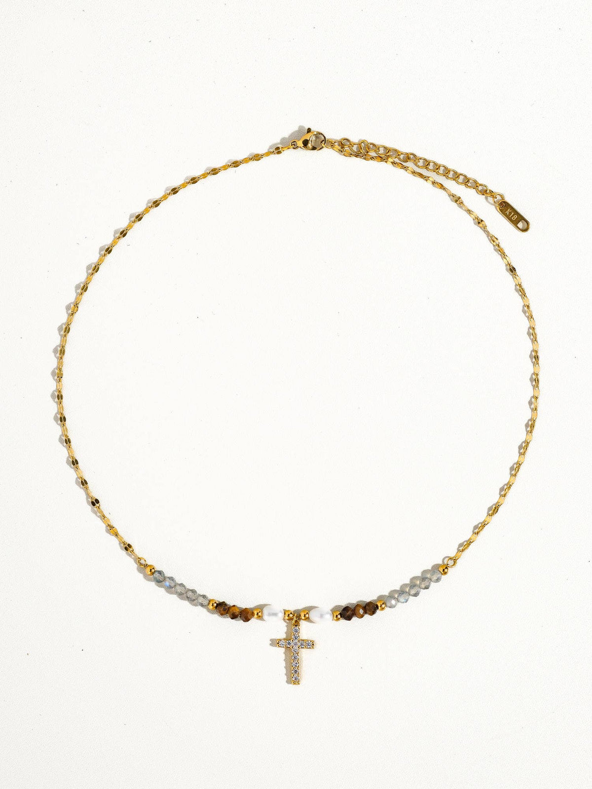 Lumiere 18K Gold Cross Necklace with Beads and Pearls: Yellow Gold