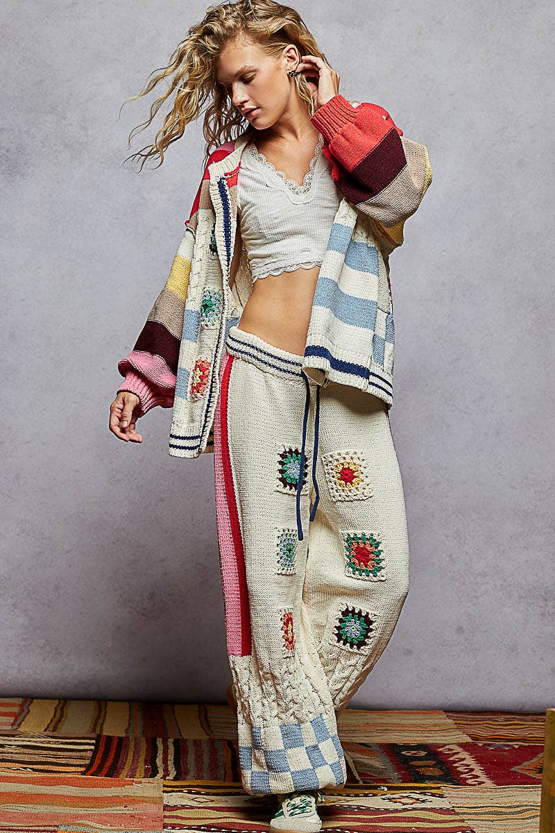 Striped checker pattern patch detail chenille sweater pants