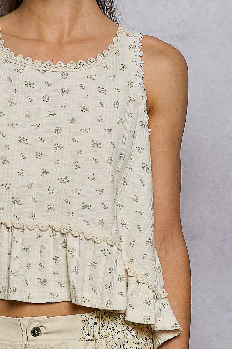 Round Neck Ruffle Hem Trim Detail Floral L