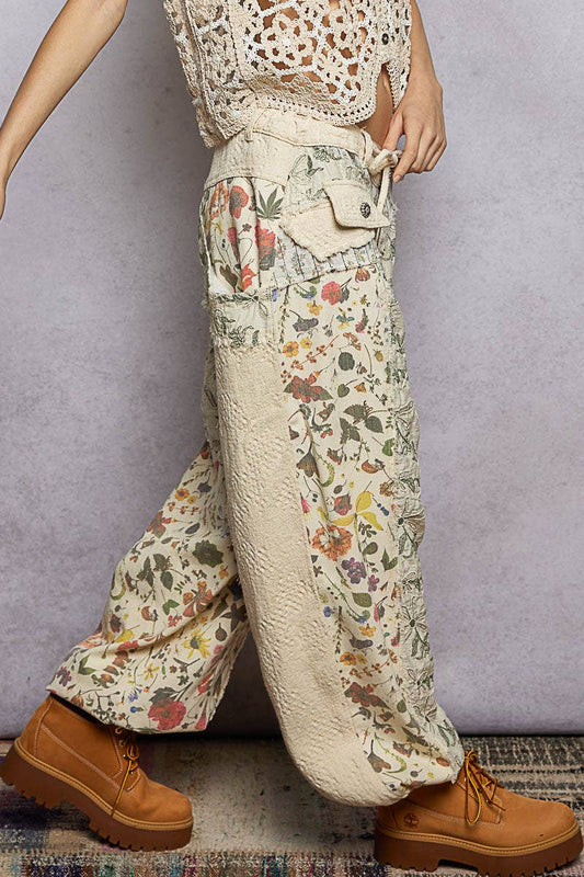 Jacquard Floral Twill Patch Waist Loop Jogger Pants