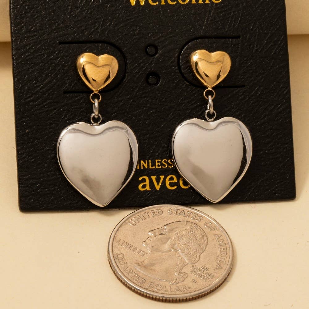 Two Tone Stainless Steel Heart Dangle Earrings: GDMRH