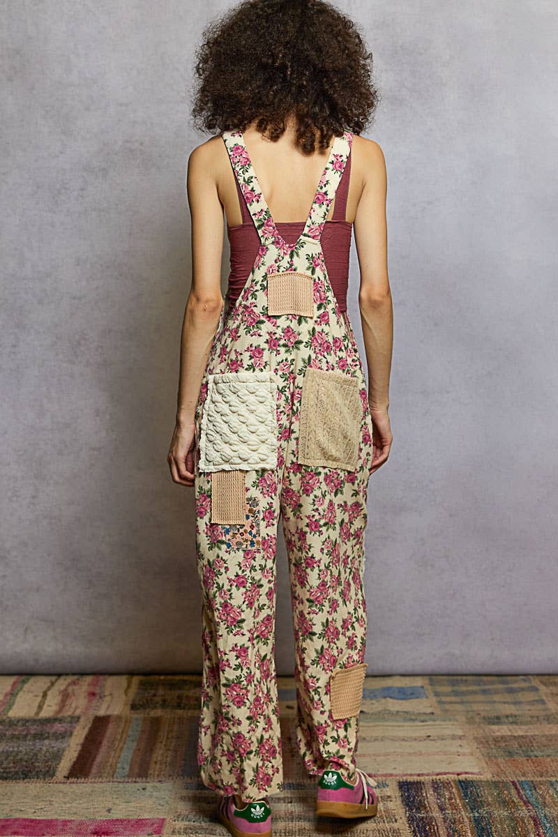 Printed corduroy varied patchwork overalls