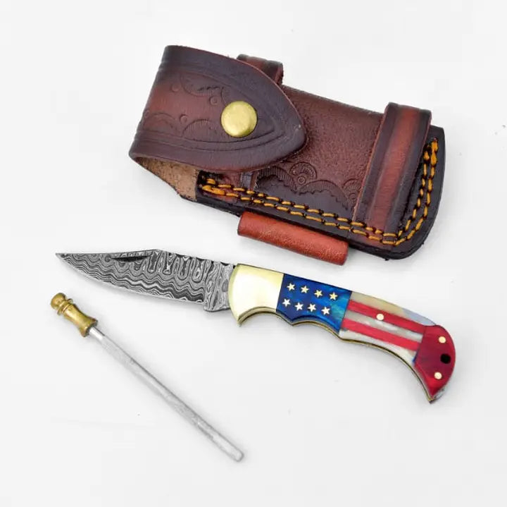 Damascus Steel Pocket Knife Limited Run Titan Patriot